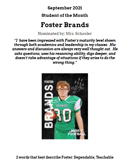 Foster Brands  September Student of the Month