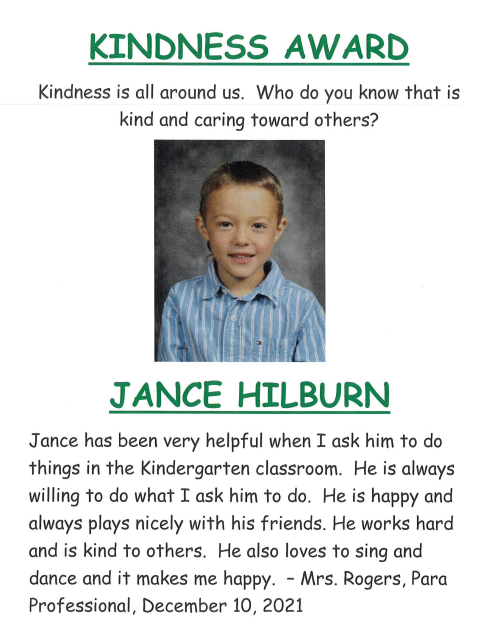 Kindness award for Jance Hilburn.