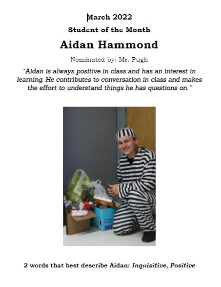 Aidan Student of the Month